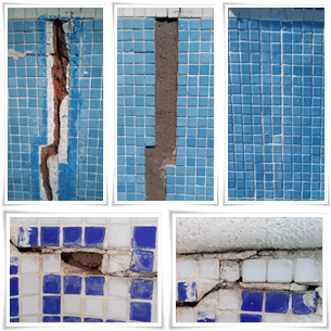 Reparación de una grieta en la pared de una piscina Grieta reparada en piscina.