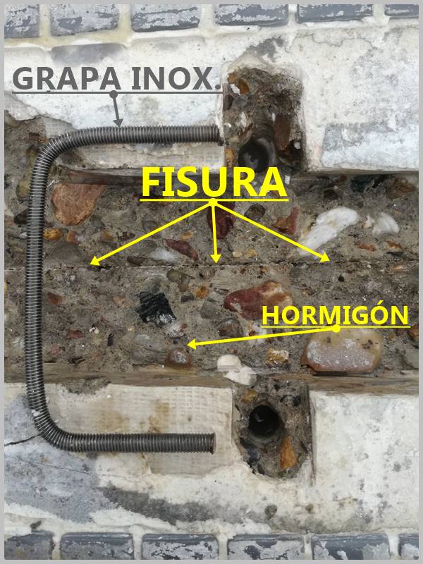 Grapado de una grieta en piscina de hormigón Grapa para una grieta en una piscina